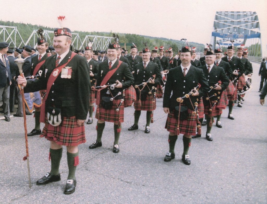 North Bay Pipes and Drums Band at Aubrey Cosens VC bridge 1986